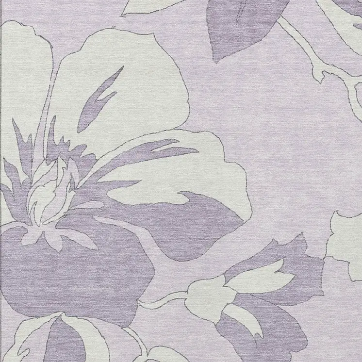9' X 12' Lavender Lilac And Ivory Floral Washable Indoor Outdoor Area Rug