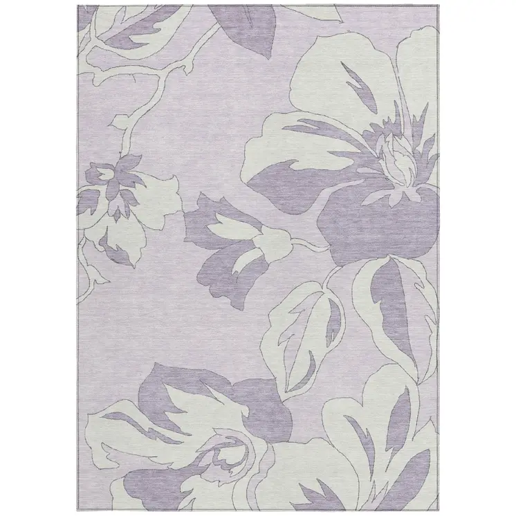 10' X 14' Lavender Lilac And Ivory Floral Washable Indoor Outdoor Area Rug