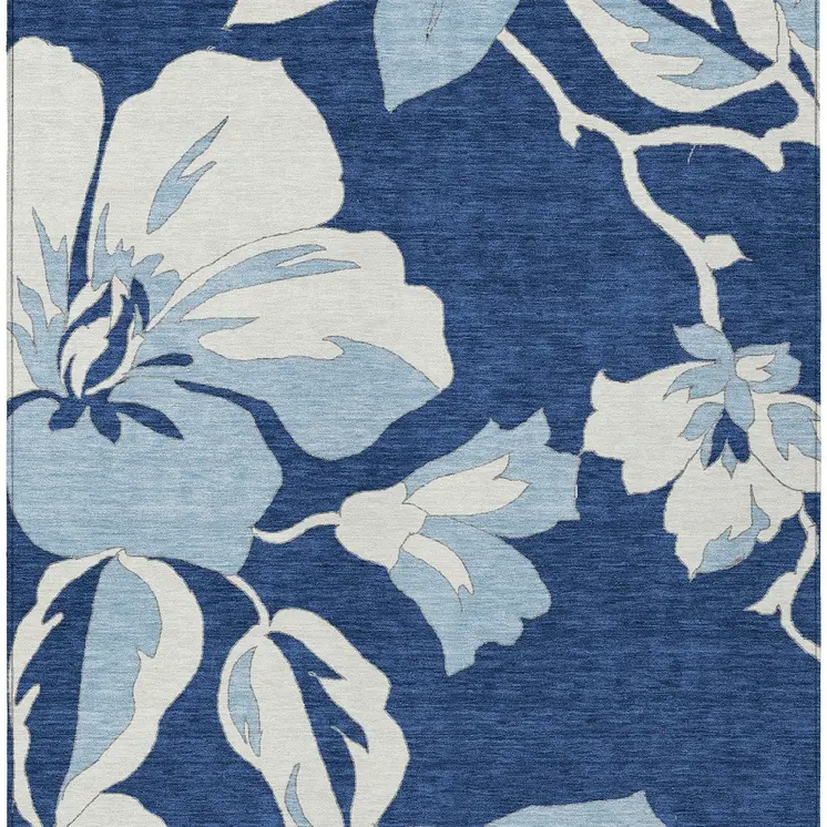 3' X 5' Navy Blue Denim Blue And Ivory Floral Washable Indoor Outdoor Area Rug