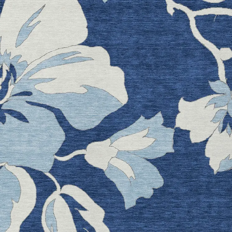 3' X 5' Navy Blue Denim Blue And Ivory Floral Washable Indoor Outdoor Area Rug
