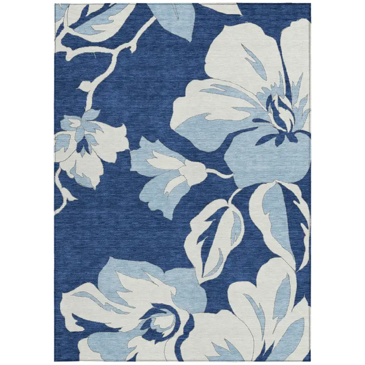5' X 8' Navy Blue Denim Blue And Ivory Floral Washable Indoor Outdoor Area Rug