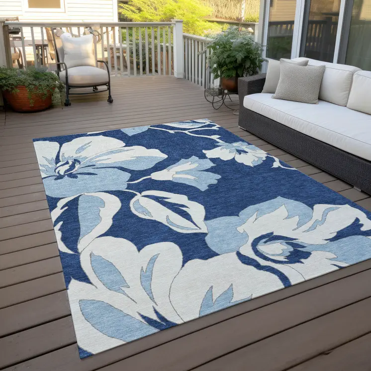 5' X 8' Navy Blue Denim Blue And Ivory Floral Washable Indoor Outdoor Area Rug