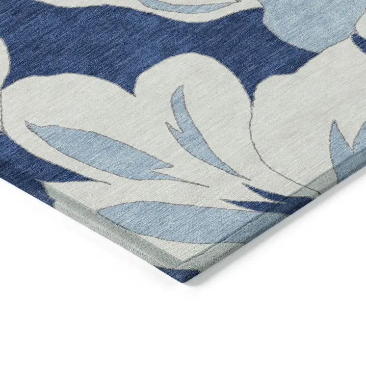 5' X 8' Navy Blue Denim Blue And Ivory Floral Washable Indoor Outdoor Area Rug