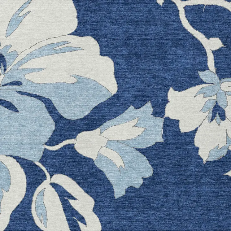5' X 8' Navy Blue Denim Blue And Ivory Floral Washable Indoor Outdoor Area Rug
