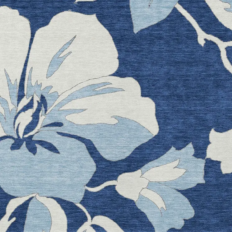 8' X 10' Navy Blue Denim Blue And Ivory Floral Washable Indoor Outdoor Area Rug