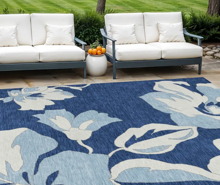9' X 12' Navy Blue Denim Blue And Ivory Floral Washable Indoor Outdoor Area Rug