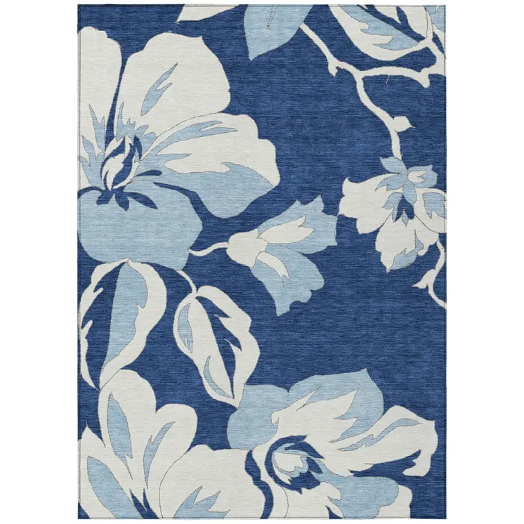 9' X 12' Navy Blue Denim Blue And Ivory Floral Washable Indoor Outdoor Area Rug