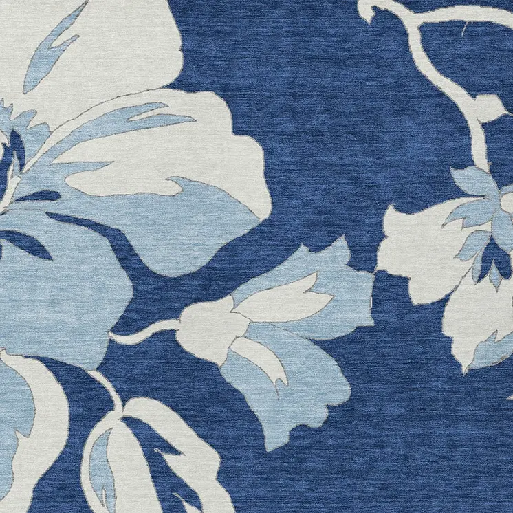 9' X 12' Navy Blue Denim Blue And Ivory Floral Washable Indoor Outdoor Area Rug