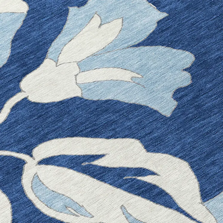 9' X 12' Navy Blue Denim Blue And Ivory Floral Washable Indoor Outdoor Area Rug