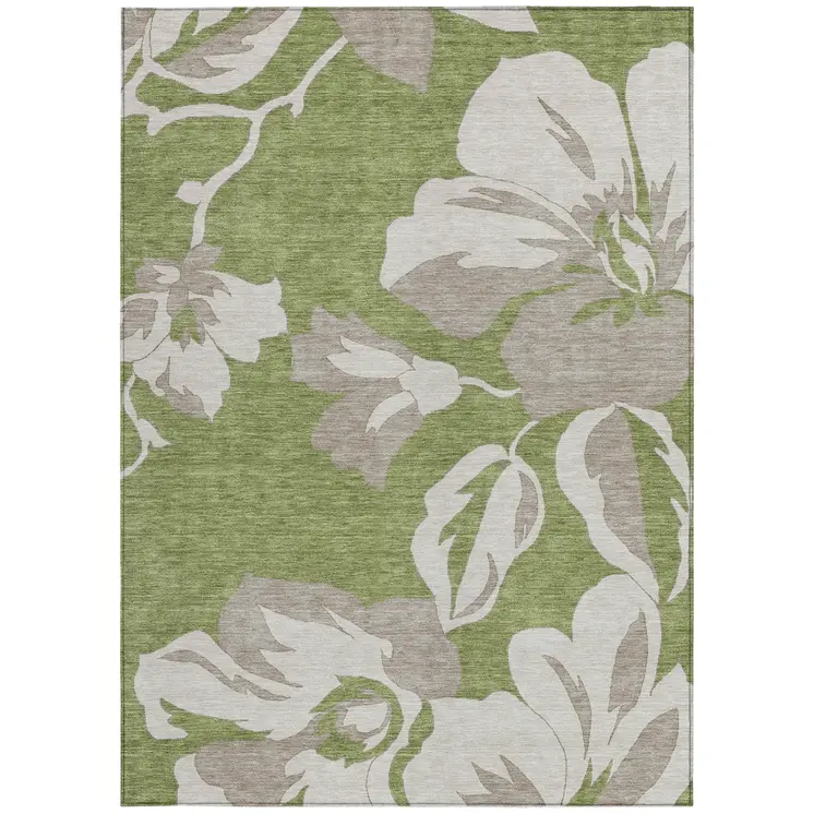 5' X 8' Olive Green Taupe And Beige Floral Washable Indoor Outdoor Area Rug