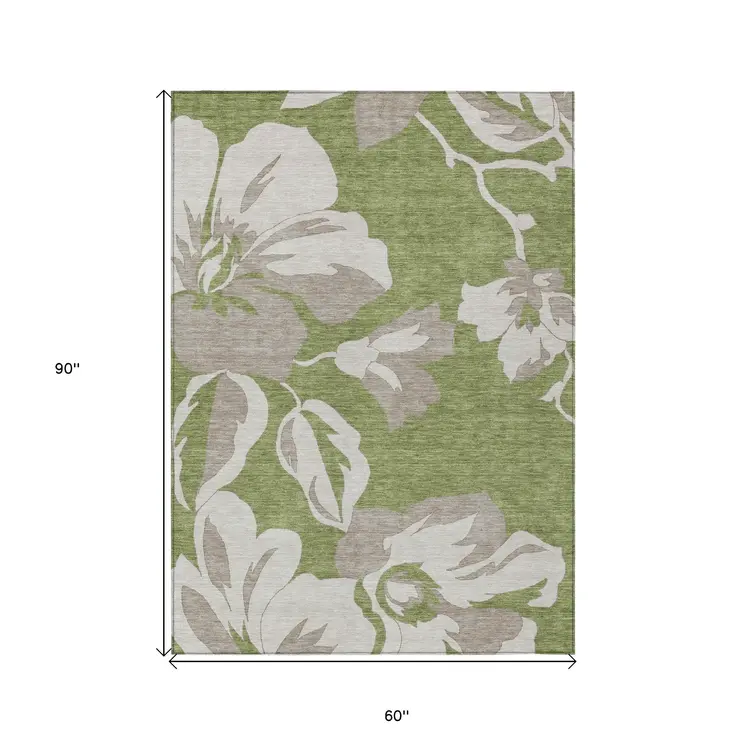 5' X 8' Olive Green Taupe And Beige Floral Washable Indoor Outdoor Area Rug
