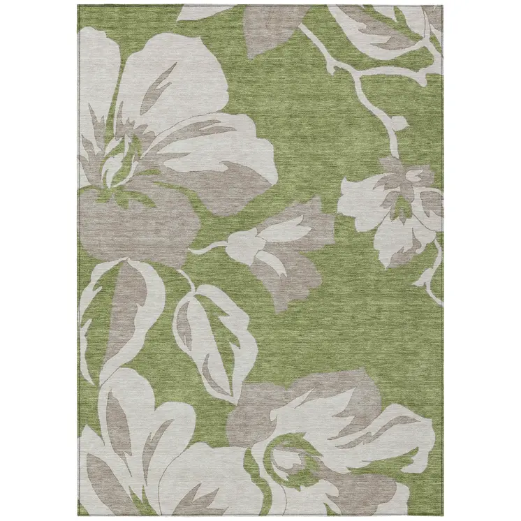 5' X 8' Olive Green Taupe And Beige Floral Washable Indoor Outdoor Area Rug