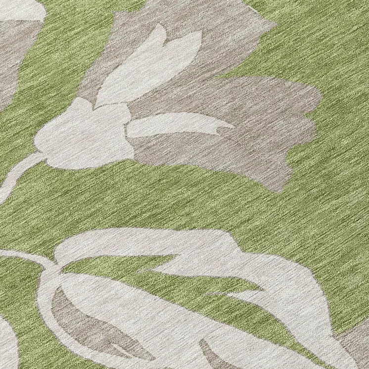 5' X 8' Olive Green Taupe And Beige Floral Washable Indoor Outdoor Area Rug