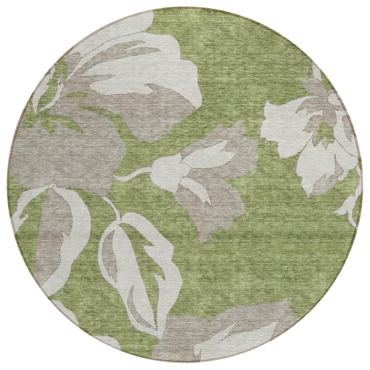 8' Olive Green Taupe And Beige Round Floral Washable Indoor Outdoor Area Rug
