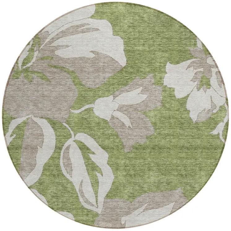 8' Olive Green Taupe And Beige Round Floral Washable Indoor Outdoor Area Rug