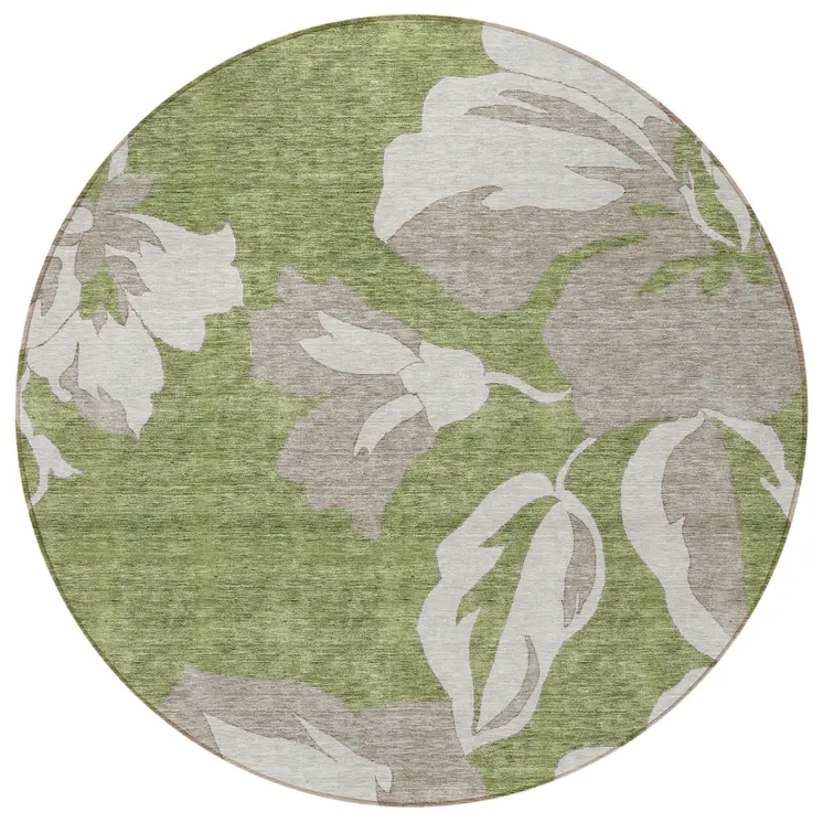 8' Olive Green Taupe And Beige Round Floral Washable Indoor Outdoor Area Rug