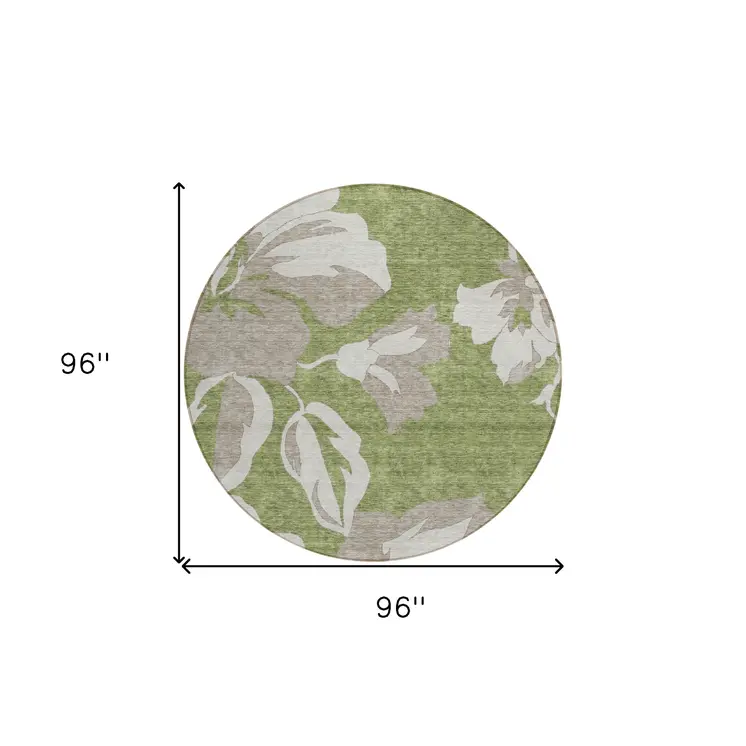 8' Olive Green Taupe And Beige Round Floral Washable Indoor Outdoor Area Rug