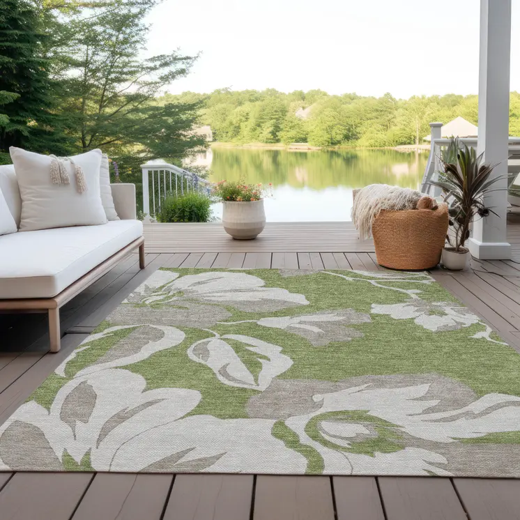 10' X 14' Olive Green Taupe And Beige Floral Washable Indoor Outdoor Area Rug