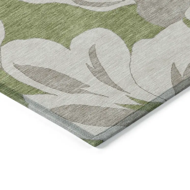10' X 14' Olive Green Taupe And Beige Floral Washable Indoor Outdoor Area Rug