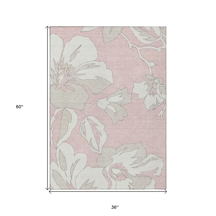 3' X 5' Pink Ivory And Beige Floral Washable Indoor Outdoor Area Rug