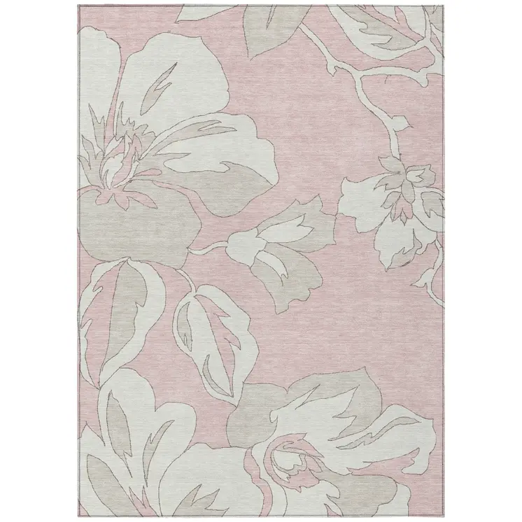 3' X 5' Pink Ivory And Beige Floral Washable Indoor Outdoor Area Rug
