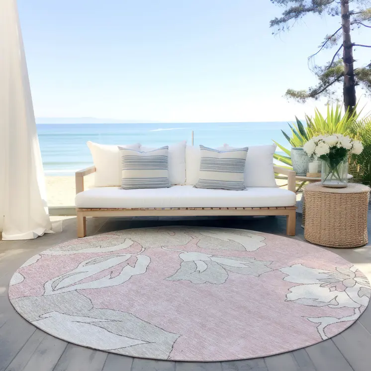 8' Pink Ivory And Beige Round Floral Washable Indoor Outdoor Area Rug