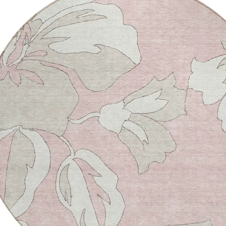 8' Pink Ivory And Beige Round Floral Washable Indoor Outdoor Area Rug