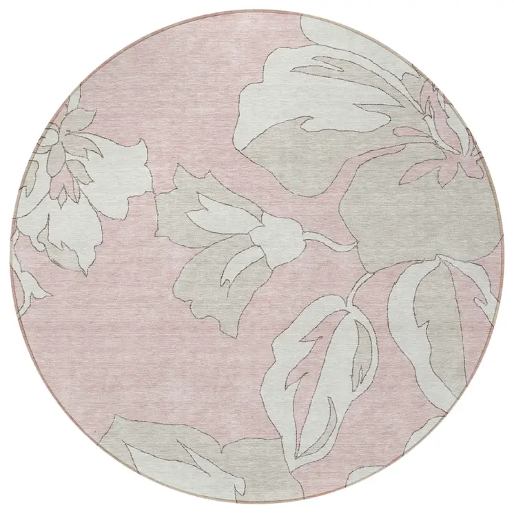 8' Pink Ivory And Beige Round Floral Washable Indoor Outdoor Area Rug