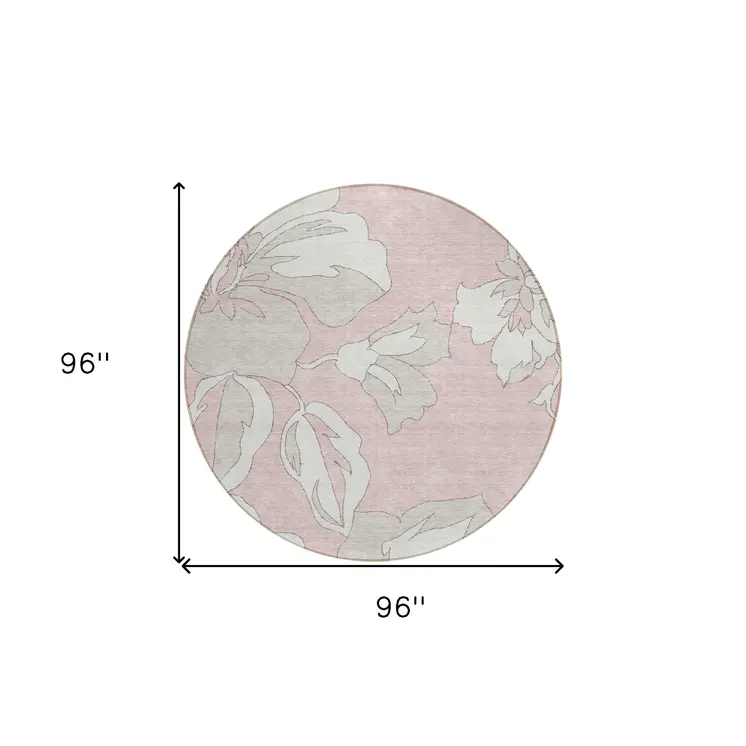 8' Pink Ivory And Beige Round Floral Washable Indoor Outdoor Area Rug