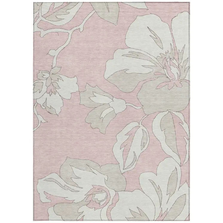 8' X 10' Pink Ivory And Beige Floral Washable Indoor Outdoor Area Rug
