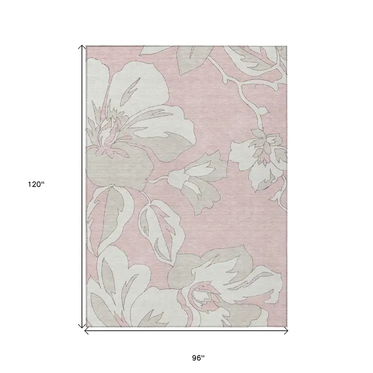 8' X 10' Pink Ivory And Beige Floral Washable Indoor Outdoor Area Rug