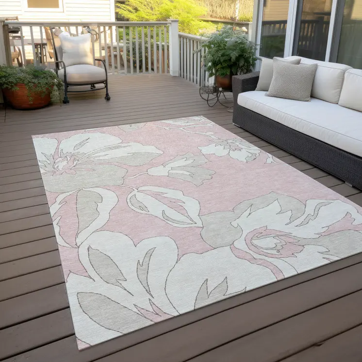8' X 10' Pink Ivory And Beige Floral Washable Indoor Outdoor Area Rug