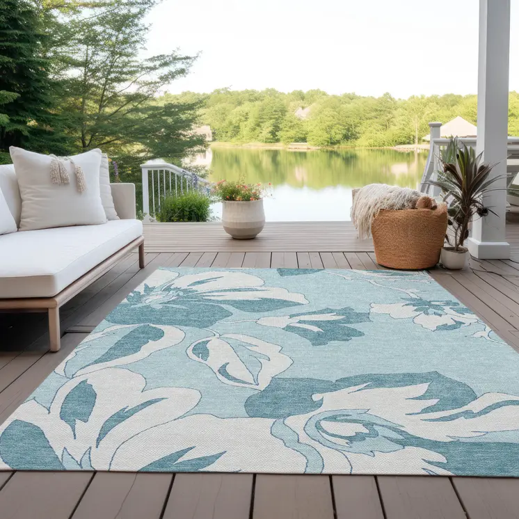 5' X 8' Teal Blue Aqua And Ivory Floral Washable Indoor Outdoor Area Rug