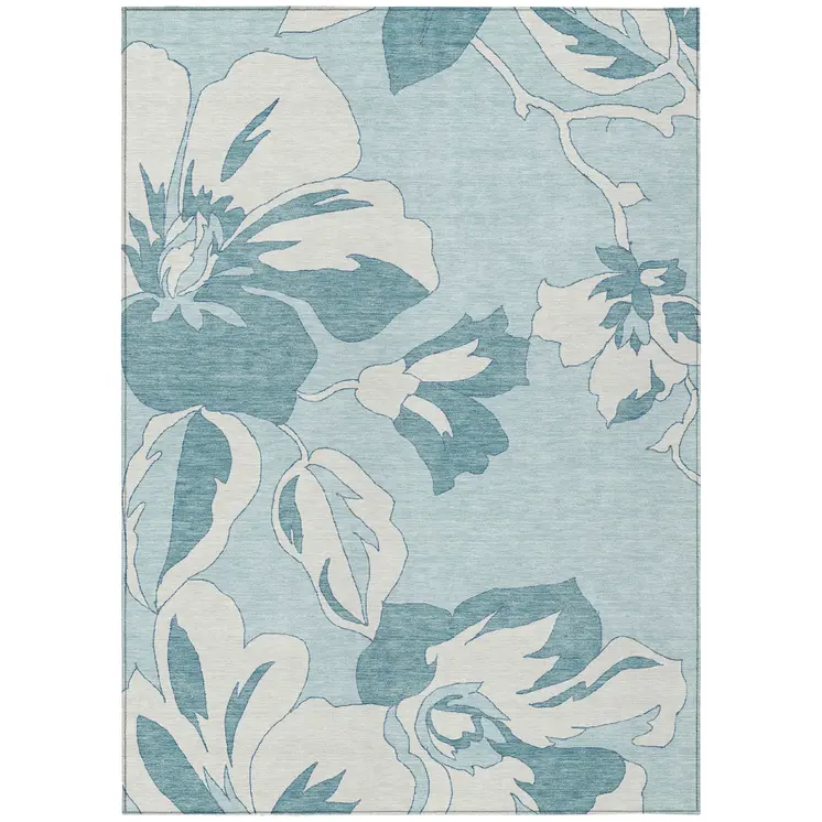 5' X 8' Teal Blue Aqua And Ivory Floral Washable Indoor Outdoor Area Rug
