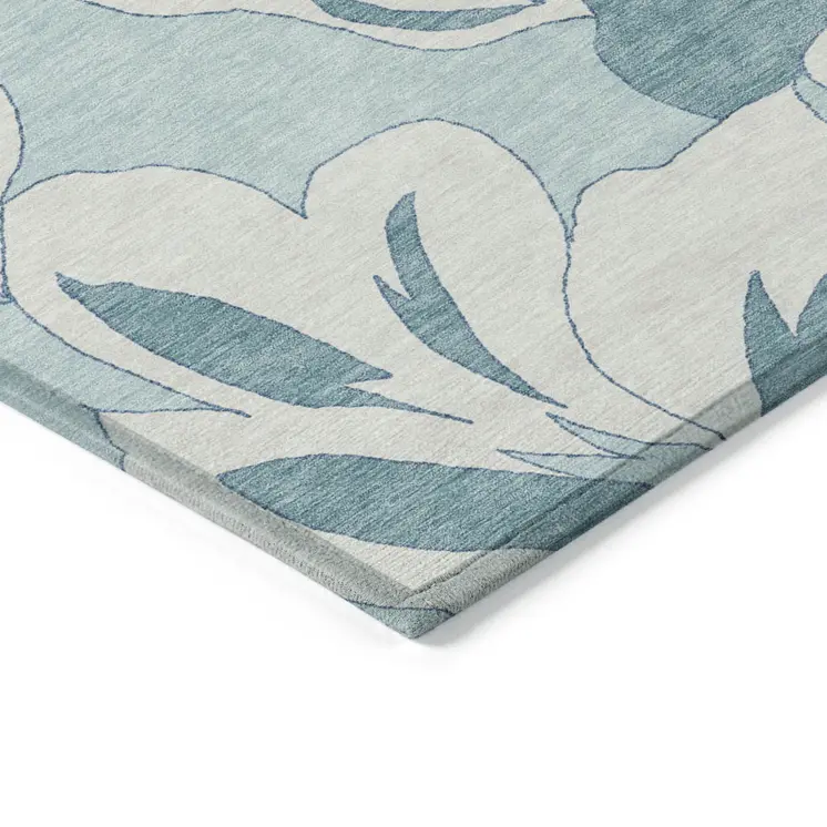 5' X 8' Teal Blue Aqua And Ivory Floral Washable Indoor Outdoor Area Rug
