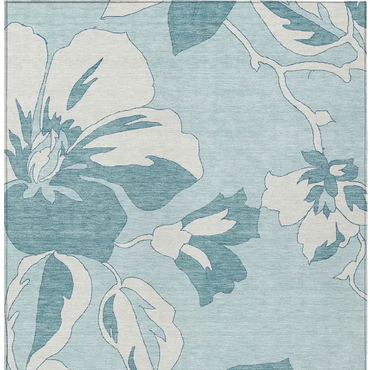 5' X 8' Teal Blue Aqua And Ivory Floral Washable Indoor Outdoor Area Rug