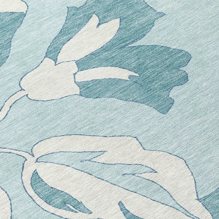 5' X 8' Teal Blue Aqua And Ivory Floral Washable Indoor Outdoor Area Rug