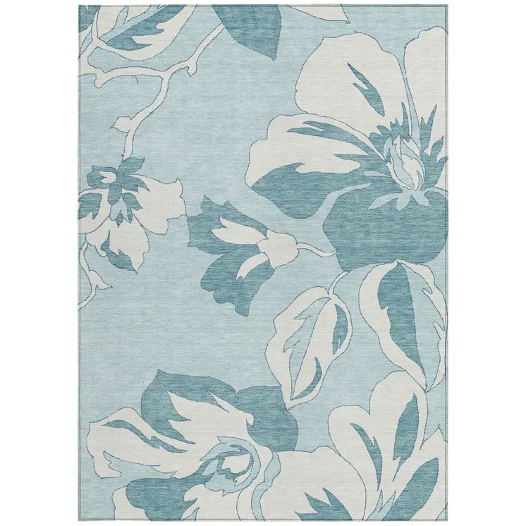 8' X 10' Teal Blue Aqua And Ivory Floral Washable Indoor Outdoor Area Rug