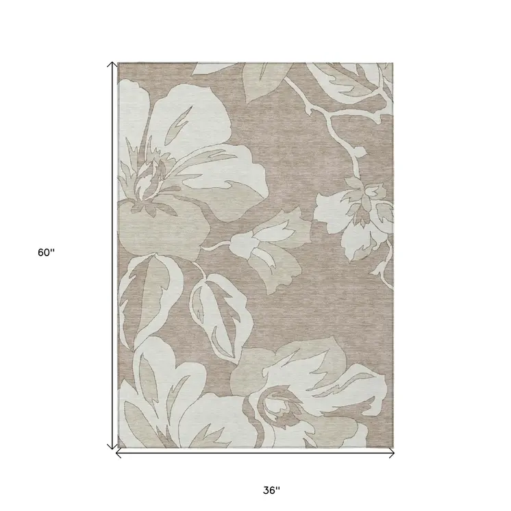 3' X 5' Taupe Beige And Ivory Floral Washable Indoor Outdoor Area Rug