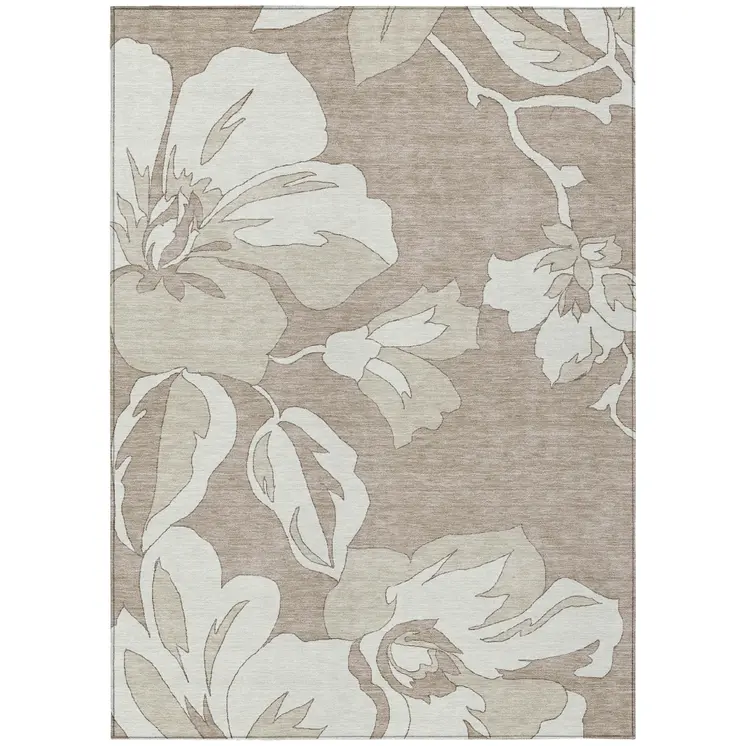 5' X 8' Taupe Beige And Ivory Floral Washable Indoor Outdoor Area Rug