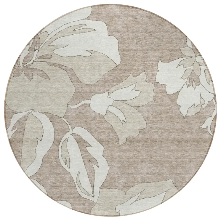 8' Taupe Beige And Ivory Round Floral Washable Indoor Outdoor Area Rug