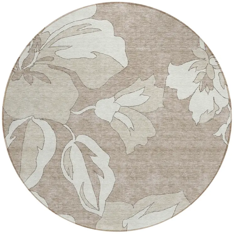 8' Taupe Beige And Ivory Round Floral Washable Indoor Outdoor Area Rug