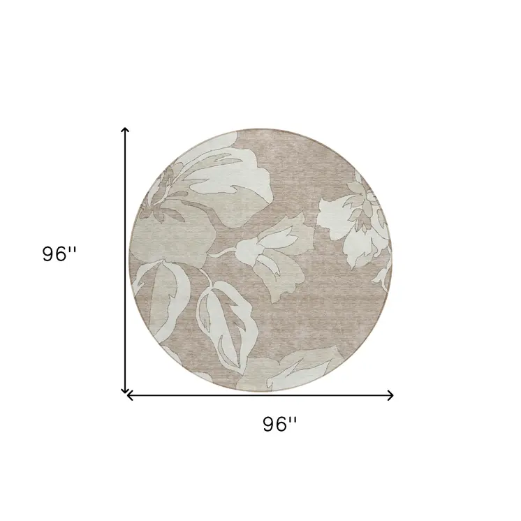 8' Taupe Beige And Ivory Round Floral Washable Indoor Outdoor Area Rug