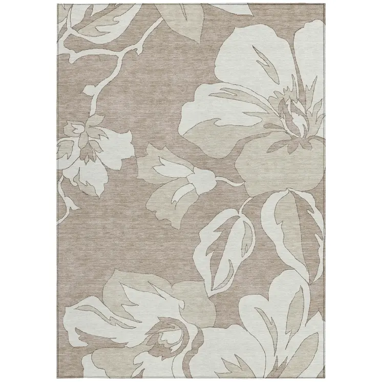 8' X 10' Taupe Beige And Ivory Floral Washable Indoor Outdoor Area Rug