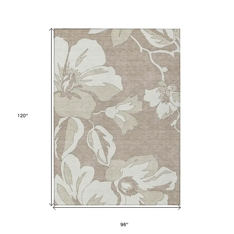 8' X 10' Taupe Beige And Ivory Floral Washable Indoor Outdoor Area Rug