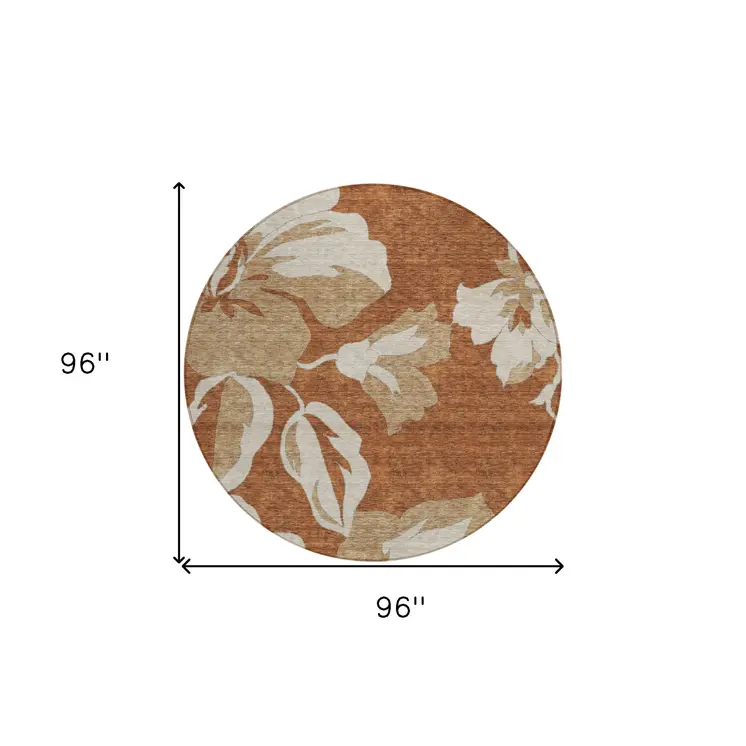 8' Terra Cotta And Beige Round Floral Washable Indoor Outdoor Area Rug