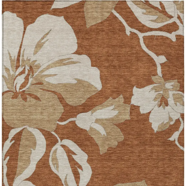 8' X 10' Terra Cotta And Beige Floral Washable Indoor Outdoor Area Rug