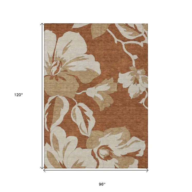 8' X 10' Terra Cotta And Beige Floral Washable Indoor Outdoor Area Rug