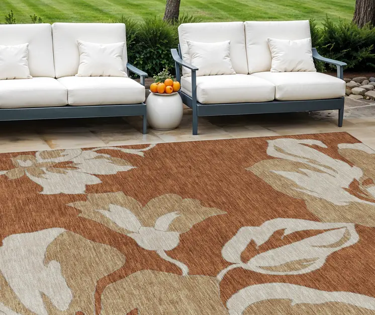 8' X 10' Terra Cotta And Beige Floral Washable Indoor Outdoor Area Rug