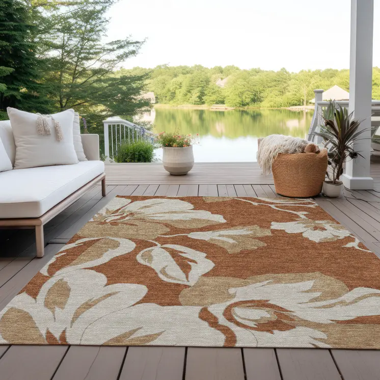 8' X 10' Terra Cotta And Beige Floral Washable Indoor Outdoor Area Rug